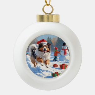 Shetland Sheepdog Rent Sneeuw Met Kerstmuts Keramische Bal Ornament
