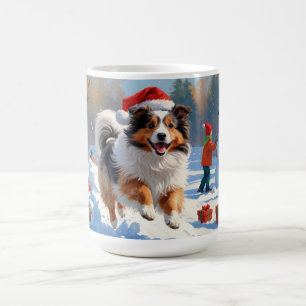 Shetland Sheepdog Rent Sneeuw Met Kerstmuts Koffiemok
