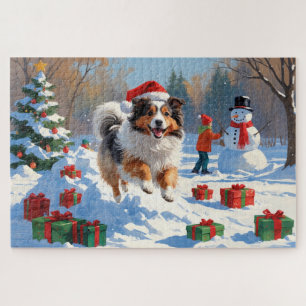 Shetland Sheepdog Rent Sneeuw Met Kerstmuts Legpuzzel