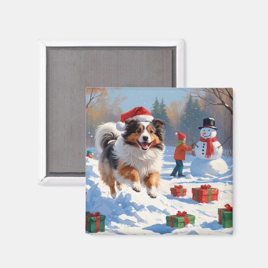 Shetland Sheepdog Rent Sneeuw Met Kerstmuts Magneet (Voorkant / Achterkant)
