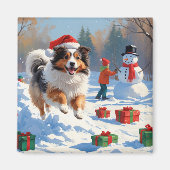 Shetland Sheepdog Rent Sneeuw Met Kerstmuts Magneet (Voorkant)