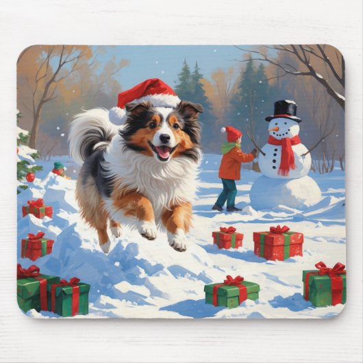 Shetland Sheepdog Rent Sneeuw Met Kerstmuts Muismat (Voorkant)