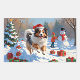 Shetland Sheepdog Rent Sneeuw Met Kerstmuts Rechthoekige Sticker