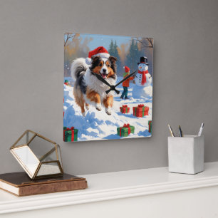 Shetland Sheepdog Rent Sneeuw Met Kerstmuts Vierkante Klok
