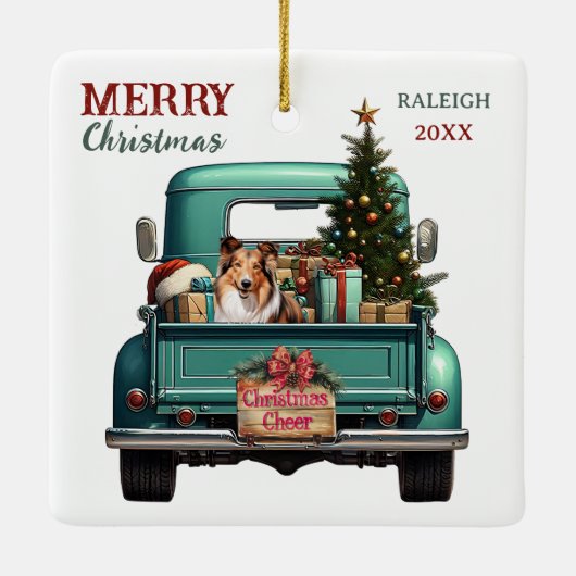 Shetland Sheepdog Retro Truck Kerstmis Keramisch Ornament (Achterkant)