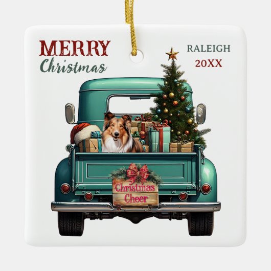 Shetland Sheepdog Retro Truck Kerstmis Keramisch Ornament (Voorkant)