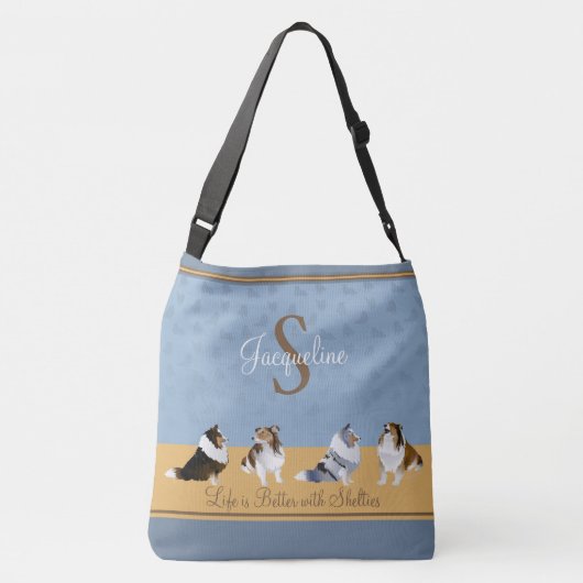 Shetland Sheepdog, Row of Shelties on Blue, Yellow Crossbody Tas (Achterkant)