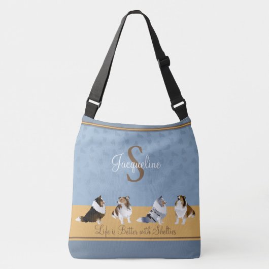 Shetland Sheepdog, Row of Shelties on Blue, Yellow Crossbody Tas (Voorkant)