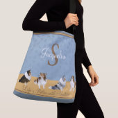 Shetland Sheepdog, Row of Shelties on Blue, Yellow Crossbody Tas (Dichtbij)