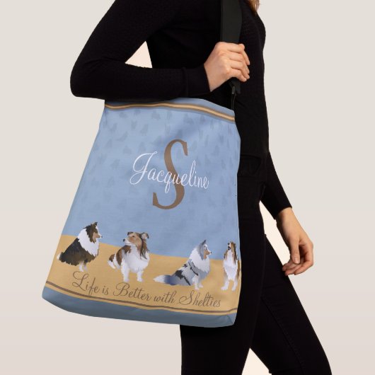Shetland Sheepdog, Row of Shelties on Blue, Yellow Crossbody Tas (Dichtbij)