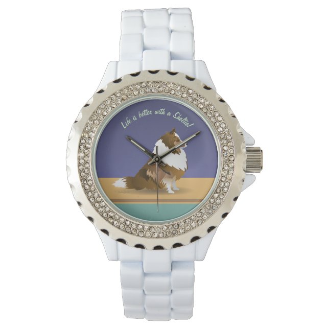 Shetland Sheepdog: Sable Sheltie on paars & green Horloge (Voorkant)