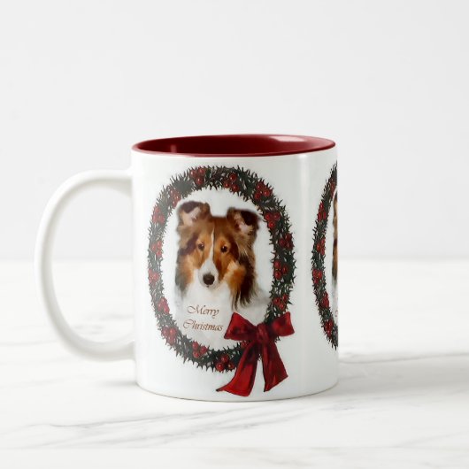 Shetland Sheepdog Sheltie met kerstcadeaus Tweekleurige Koffiemok (Links)