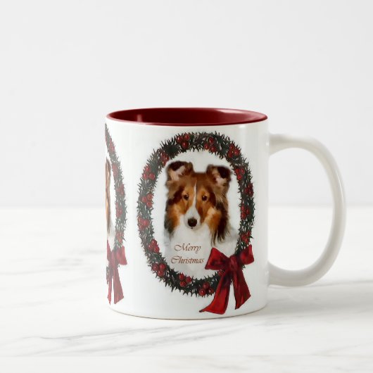 Shetland Sheepdog Sheltie met kerstcadeaus Tweekleurige Koffiemok (Rechts)