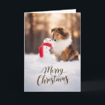 Shetland Sheepdog Snowman Christmas Card Feestdagen Kaart<br><div class="desc">This beautiful Christmas card features a sable Shetland Sheepdog sitting in the snow beside a cheerful little snowman wrapped in a bright red scarf, glowing in soft golden winter light. The inside is blank and fully customizable, so you can add your own holiday message, family greeting, or personal note. Perfect...</div>