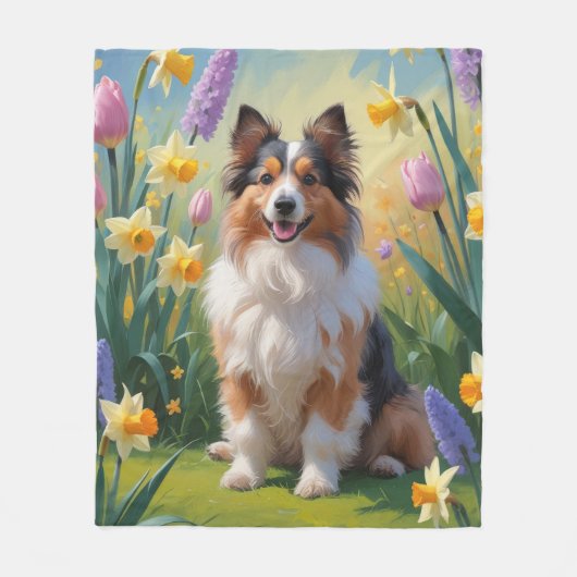 Shetland Sheepdog Spring Bloemen Schilderen Fleece Deken (Voorkant)