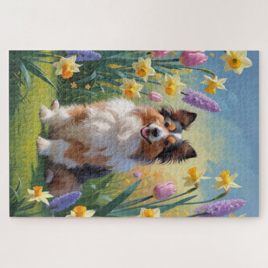 Shetland Sheepdog Spring Bloemen Schilderen Legpuzzel (Horizontaal)