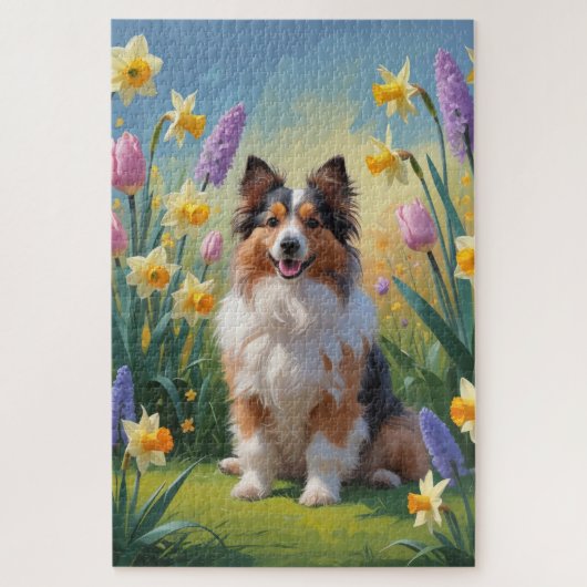 Shetland Sheepdog Spring Bloemen Schilderen Legpuzzel (Verticaal)