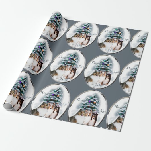 Shetland Sheepdog Trio Kerstmis Cadeaupapier (Uitgerold)