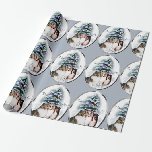 Shetland Sheepdog Trio Kerstmis Cadeaupapier (Uitgerold)