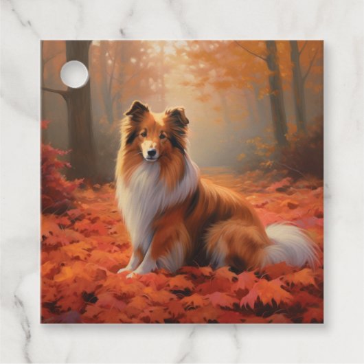 Shetland Sheepdog tussen Herfstbladeren Vallen Ins Bedankjes Labels (Voorkant)