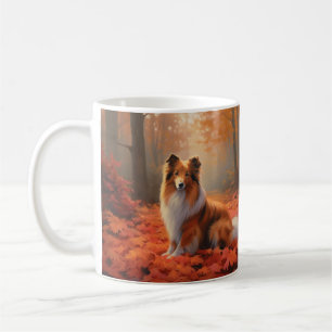 Shetland Sheepdog tussen Herfstbladeren Vallen Ins Koffiemok
