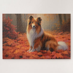Shetland Sheepdog tussen vallende herfstbladeren i Legpuzzel