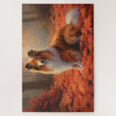 Shetland Sheepdog tussen vallende herfstbladeren i Legpuzzel (Verticaal)