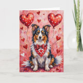 Shetland Sheepdog Valentine Dog Sitting with Heart Kaart (Voorkant)