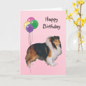Shetland Sheepdog, Verjaardagsballonnen Kaart (Gele Bloem)