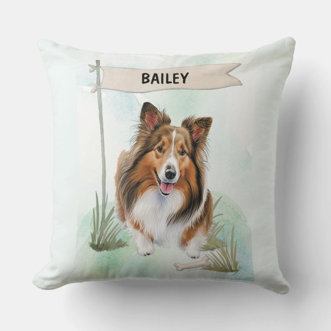 Shetland Sheepdog Watercolor Personalized Dog Kussen (Voorkant)