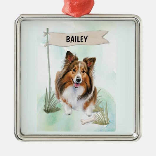 Shetland Sheepdog Watercolor Personalized Dog Metalen Ornament (Voorkant)