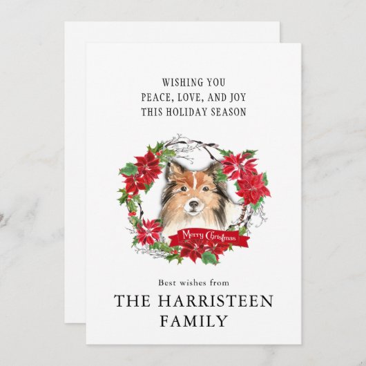 Shetland Sheepdog Waterverf Poinsettia Kerstmis Feestdagenkaart (Voorkant / Achterkant)