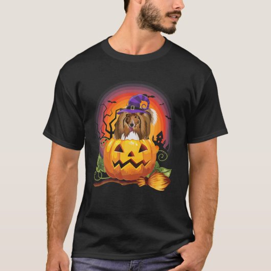 Shetland Sheepdog Witch Pumpkin Halloween Dog T-shirt (Voorkant)