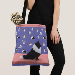 Shetland Sheepdog: Zwarte Sheltie op Paars Tote Bag