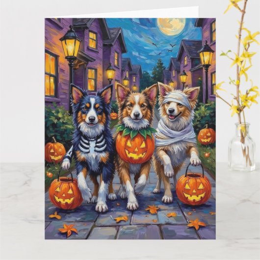 Shetland Sheepdogs in Halloween Costumes Kaart (Gele Bloem)