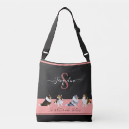 Shetland Sheepdogs, Row of Shelties, Zwart & Roze Crossbody Tas