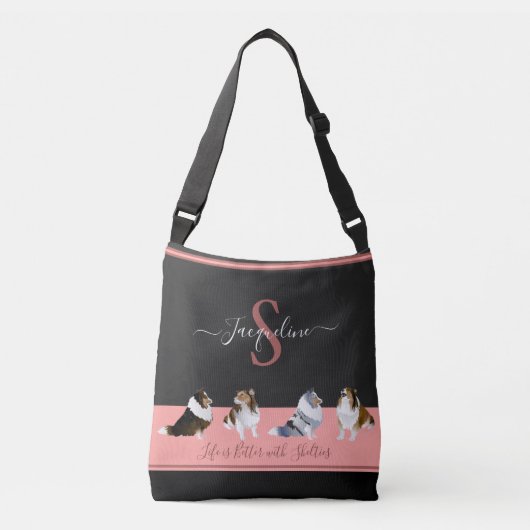 Shetland Sheepdogs, Row of Shelties, Zwart & Roze Crossbody Tas (Voorkant)