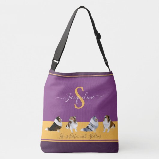 Shetland Sheepdogs, Shelties, op Paars en Geel Crossbody Tas (Achterkant)