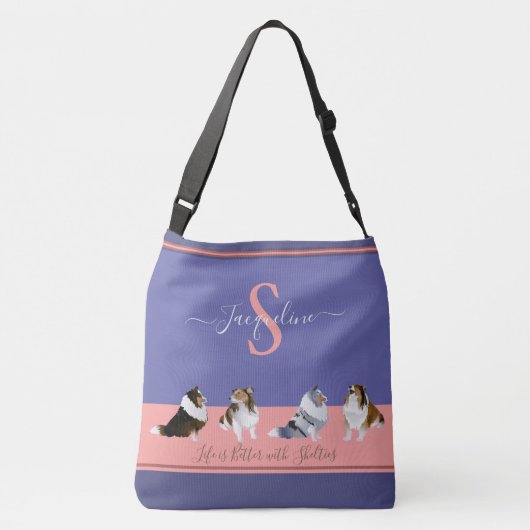 Shetland Sheepdogs, Shelties, Paars en Roze Crossbody Tas (Achterkant)