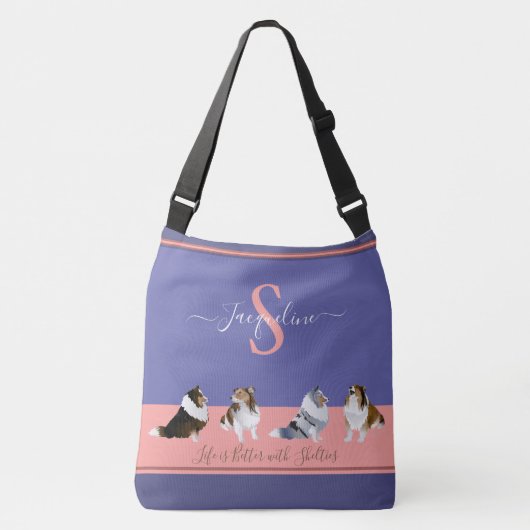 Shetland Sheepdogs, Shelties, Paars en Roze Crossbody Tas (Voorkant)