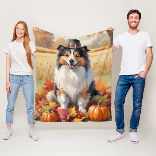 Shetland Shepdyr Herfstbladeren Thanksgiving Kunst Fleece Deken (In situ)