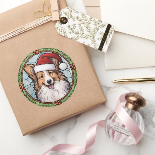 Shetland Sheperd Glas in Lood Kerstmis Ronde Sticker (Geschenken)