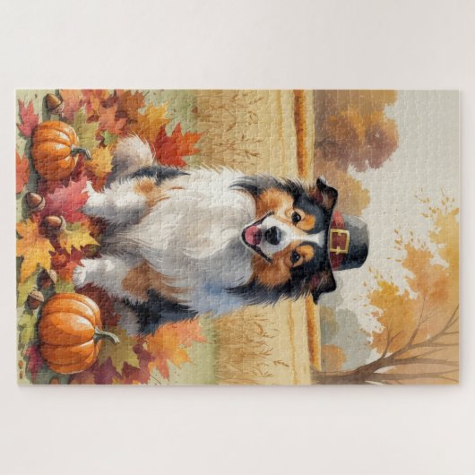 Shetland Shepperd Herfstbladeren Thanksgiving Kuns Legpuzzel (Horizontaal)