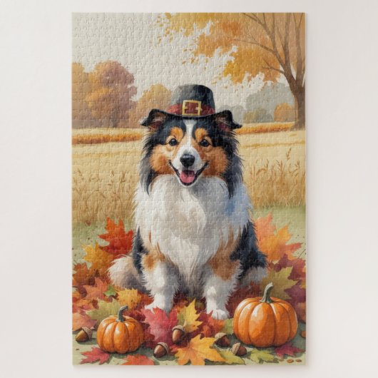 Shetland Shepperd Herfstbladeren Thanksgiving Kuns Legpuzzel (Verticaal)