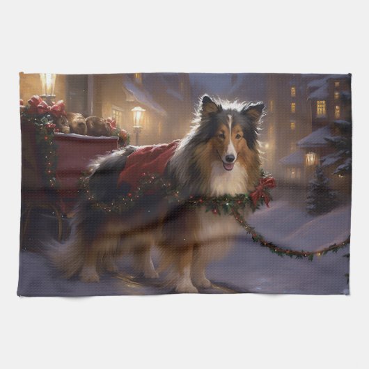 Shetland Shepperd Kerst Feestelijke Periode Theedoek (Horizontaal)