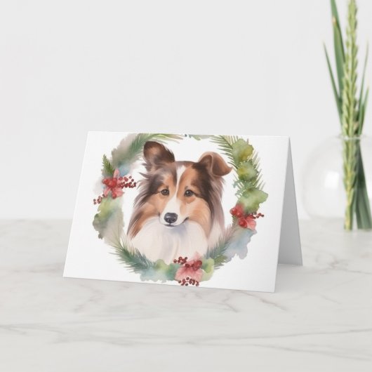 Shetland Shepperd Kerstkrans Festieve Pup Kaart (Voorkant)