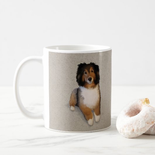 Shetlandmix-hond portret koffiemok (Met donut)