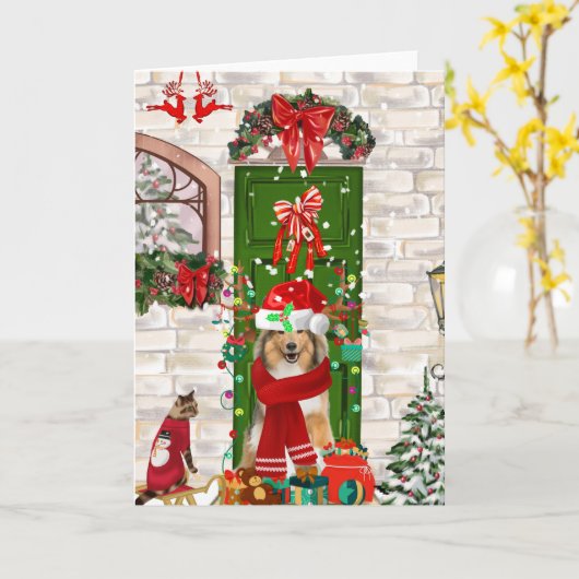 Shetlandschap Honden Kerstmis  Kaart (Gele Bloem)