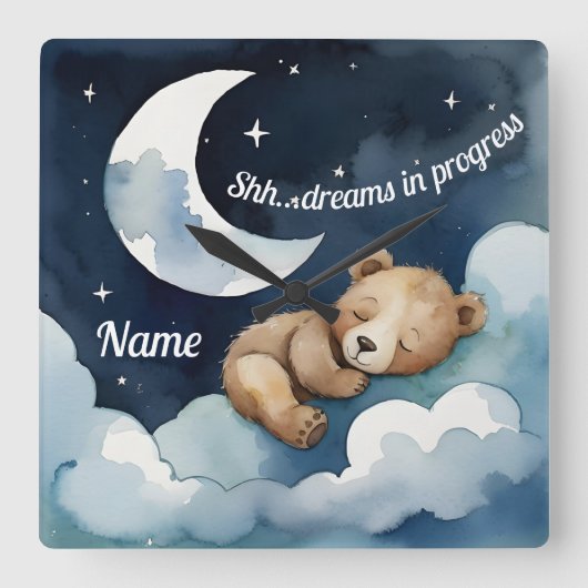 Shh... Dromen in Voortgang Slapen Beer Vierkante Klok (Voorkant)