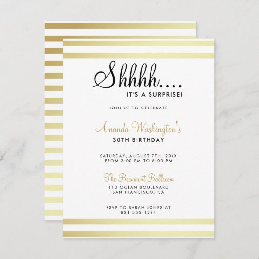 Shh... Het is een verrassing! Modern Gold Birthday Uitnodiging Briefkaart (Voorkant / Achterkant)